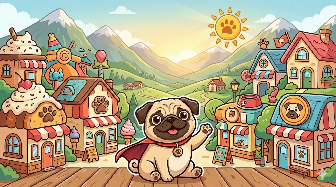Tenko Town — a cute pug in a whimsical valley town